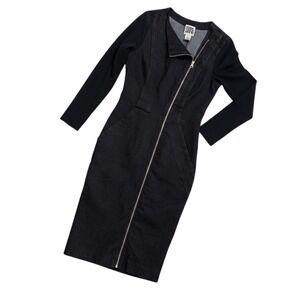Prairie Underground Black Denim Asymmetrical Zip Midi Dress Womens Medium USA